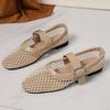 Transfronteiriço Novo Tamanho Grande Bico Redondo Design de Nicho Malha de Peixe Vazado Sapatilhas de Ballet Moda Feminina Fivela de Cinto Rasteira