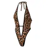 Body Zeriluna con Estampado de Leopardo Espalda Descubierta Profundo en V Sexy y a la Moda Se Ajusta al Cuerpo Transpirable Agradable para la Piel
