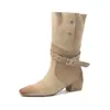Múltiplos Estilos de Uso Fivela Destacável Camurça de Vaca Botas Western 2026 Salto Médio Bloco Couro Genuíno Botas de Cano Médio com Botão para Mulheres