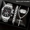 Reloj Popular para Hombre Transfronterizo Joyería de Cruz Set de 4 Piezas Reloj con Correa de Acero Tendencia de Moda para Hombre Calendario Reloj de Cuarzo