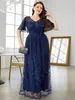 Vestido de Noite Europeu e Americano Transfronteiriço Manga Simples Decote V Renda Vestido Temperamento Banquete Reunião Anual Primavera Novo