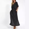 Productos de Verano Transfronterizos Europeos y Americanos Nuevos Estación Independiente Aliexpress Moda Color Puro Cintura Alta Abertura Vestido Cuello en V
