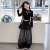 Conjunto de dos piezas para niña con pedrería, nuevo estilo primavera/otoño, detalle completo de pedrería en frente y espalda, pantalones de pierna ancha a la moda, atuendo de moda para street dance