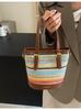 Bolso de Cubo de Viaje Casual de Hombro Simple de Paja Tejida Transfronterizo 2025 Nuevo Tejido de Gran Capacidad Color Contrastante Vacaciones en la Playa