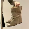 Botas de Caña Media con Cordones y Punta Fina para Mujer Otoño 2026, Botas de Montar con Tacón Grueso de Ante de Oveja, Botas Largas Marrones, Nuevo Estilo de Otoño