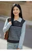 Suéter de Punto con Rayas Bloque de Color y Cuello Chal Reductor de Edad para Mujer, Jersey Casual Holgado, Top Falso de Dos Piezas Estilo Francés con Manga Larga