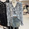 Primavera 2026 Nova Moda Feminina Estilo Coreano Delicada Doce Como Fada Babados Vintage Gradiente Manga Longa Camisa Top Tendência