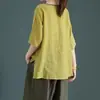 Camiseta de Algodón Lino Étnica con Bordado Floral Retro Artístico, Cuello Redondo, Manga Corta, Nueva de Verano, Talla Grande, Holgada, Versátil
