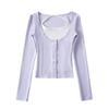 Camiseta de Manga Larga con Cuello Halter de Color Contrastante Falsa de Dos Piezas Empalmada Sexy Europea y Americana para Mujer Otoño Sexy Ajustada de un Solo Botón Estilo Corto
