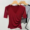 Camiseta de Manga Corta para Mujer 2026, Nuevo Estilo Veraniego, Cuello en V Cruzado, Camiseta de Color Liso, Dobladillo Asimétrico, Top con Cintura Plisada