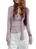 Suéter de Tricô Roxo Estilo Coreano com Decote em U e Fitas para Mulheres, Corte Justo, Valoriza a Silhueta, Decote Amplo, Top Tendência para Outono e Inverno
