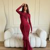 Moda Otoño 2024 Europea y Americana Transfronteriza Nuevo Cuello Redondo Cubre Caderas Falda Larga con Volantes Fruncida Vestido Sexy Ajustado