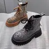 Botas para Mujer con Pedrería Completa de Diamante Estampado de Leopardo con Cordones 2025 Nuevas Botas de Motocicleta Botines Versátiles para la Calle Otoño e Invierno