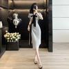 Vestido casual europeo para mujer verano 2025 nuevo diseño de moda sentido costura lazo manga corta abertura vestido