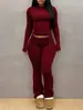 Conjunto de Top de Manga Larga de Color Sólido de Alta Elasticidad Ajustado y Pantalones de Micro Campana Transfronterizo Europeo y Americano para Mujer Conjunto Casual Adelgazante Otoño/Invierno