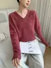 Nuevas Camisetas de Color Puro para Otoño e Invierno con Aspecto Holgado, Cálido y Adelgazante Estilo Perezoso Cuello en V Cachemir Camisetas de Punto para Mujer