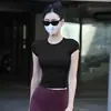 Camiseta Corta de Color Sólido Ajustada para Mujer, Cuello Redondo, Hombro Normal, Top Básico de Color Sólido, Alta Elasticidad, Transpirable, Para Uso Diario, Deportes, Top de Fitness
