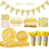 Shein Temática de Frutas Limón Platos Desechables para Cena Mantel Servilletas de Papel Set para Fiesta de Cumpleaños Decoración de Mesa Vasos de Papel