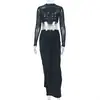 Estilo europeo transfronterizo ropa de casa sexy elegante ropa de mujer ajustada al cuerpo falda de color liso traje conjunto de dos piezas transparente cuello redondo manga larga moderno