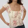 Blusa de Renda Floral com Gola Quadrada Estilo Francês e Mangas Curtas Leves para Mulheres, Barra Irregular, Cintura Ajustada, Camiseta Curta Slim Fit, Novo Estilo