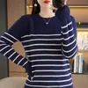 Novo suéter de malha listrado com gola redonda feminino, top de malha color-block estilo coreano de caimento solto, peça externa versátil de manga longa