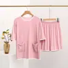 Conjunto de Shorts Finos de Manga Curta em Modal Feminino Verão Roupa de Casa Solto Gola Redonda Tamanho Grande Peça Externa Casual Conjunto de Duas Peças