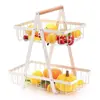 Cesta de Frutas com Alça de Madeira Ferro Forjado Água Camada Dupla Três Camadas Cesta Portátil Sala de Estar Cozinha Cesta Rack para Armazenamento de Pão Lanche