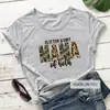 Camiseta de manga curta com gola redonda, estampa de letras MAMA com estampa de leopardo verde militar, nova, estilo europeu e americano, para o Dia das Mães 2023