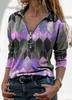 Europeo y Americano Transfronterizo Talla Grande para Mujer Ajustado Cuello en V Top para Mujer Camiseta Estampada con Cremallera Lel Camiseta de Manga Larga para Mujer