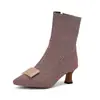 Hebilla Metálica Cruzada Punta Fina Tacón Medio Botas de Moda para Mujer Otoño Invierno Talla Grande Botas Cortas Media Pantorrilla Otoño Invierno Bloqueo de Color Canalé 3D