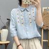 Verão 2025 Estilo Japonês Listra Vertical Bordado Étnico Fio Duplo Camisola Feminina Manga Curta Camisa Top