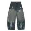 Jeans Vintage Lavados y Desgastados con Corazón de Graffiti y Letras para Mujer Otoño 2025 Holgados Versátiles de Pierna Ancha