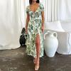 Vestido nuevo de verano transfronterizo de Amazon transfronterizo con escote en V profundo, cintura estampada, bajo con abertura, vestido ajustado 3493