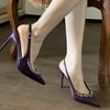 Sandálias femininas de cetim roxo com tiras finas e bico fino, salto alto stiletto, 2025