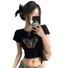 Camiseta Corta de Manga Corta Estilo Retro Americano Holgada Negra para Mujer, Verano Estilo Dopamina Cintura Francesa Ajustada Dulce y Picante Top