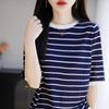 2025 Nuevo Verano Tencel Lyocell Cuello Redondo Tejido de Punto Manga Tres Cuartos para Mujer Jersey a Rayas con Bloques de Color Camiseta Básica