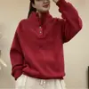 Moletom de Veludo Australiano Feminino 2025 Outono e Inverno Novo Botão Gola Alta Solto Tamanho Grande Forrado com Fleece Espessado Quente Manga Longa