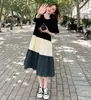 Vestido de verano nuevo de color liso con costuras de color de contraste para mujer estudiante, cuello redondo, manga corta, holgado, talla grande, falda de gran vuelo, falda para mujer embarazada
