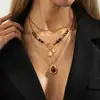Collar Colgante Redondo Geométrico Vintage Ojo de Tigre Transfronterizo Europeo y Americano, Collar de Clavícula en Capas con Cordón Encerado Simple Estilo Ins