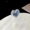 Anillo rectangular con forma de diamante de zircón azul estilo princesa, estilo cortesano, elegante anillo para el dedo índice, lujo ligero, joyería de alta gama para mujer