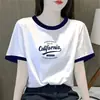 Camiseta de Manga Corta con Bloques de Color para Mujer de Comercio Exterior Transfronterizo, Nuevo Estilo de Verano, Corte Holgado, Top Corto