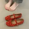 Sapatos Mary Jane com Tachas Cor de Café para Mulheres, Novo Estilo Outono e Inverno 2026, Sapatilha de Bico Redondo de Lã Sapatos Retrô