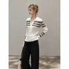Top de punto ummoimoi a rayas blancas, jacquard, bloques de color, cuello semiabierto, manga larga para mujer, otoño, de alta gama, corte ajustado