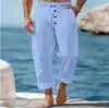 Nuevos Pantalones de Algodón y Lino Otoño Talla Europea Botón Cordón Cintura Elástica Elástica Pierna Recta Color Sólido Transpirables Diarios Casuales
