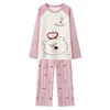 Algodão Puro Pijama Feminino Primavera e Outono Manga Longa Calça Longa Menina Cartoon Fofa Gola Redonda Pulôver Pode Ser Usado Fora de Casa Roupas
