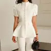 Camisa de mujer de manga corta ajustada con cuello alto abotonado, color liso, entallada a la cintura, dulce, nueva 2026, europea y americana, transfronteriza, Amazon