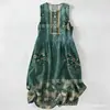 Vestido Casual de Algodão Puro com Estampa Digital Nova, Gola Redonda, Sem Mangas, Comprimento Médio, Para Mulheres, Verão na Praia
