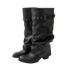 Versão em couro~Botas longas femininas de bico fino, botas plissadas empilhadas pretas versáteis com tachas, fivela de cinto e abertura de perna larga
