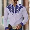 Camisa masculina floral retrô estilo western, casual de rua para uso diário ao ar livre, primavera/verão, colarinho de lapela, mangas compridas, tecido com elasticidade em quatro direções