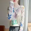 Nueva Colección Primavera-Verano 2026 Camiseta de Punto con Mangas Largas, Cuello Redondo, Holgada, Pintada, con Protección Solar, Estampado Artístico para Mujer